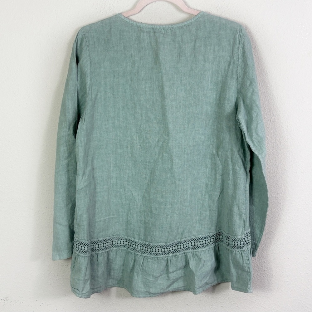 Terzo Millennio 100% Linen Green Top Roll Up Sleeves Blouse Relaxed Fit size L - Picture 3 of 11